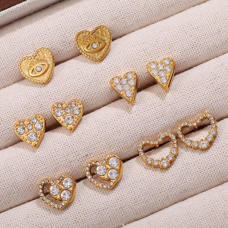 1 Pair Heart Stainless Steel Gold Color Rhinestone Piercing Earrings Picture3