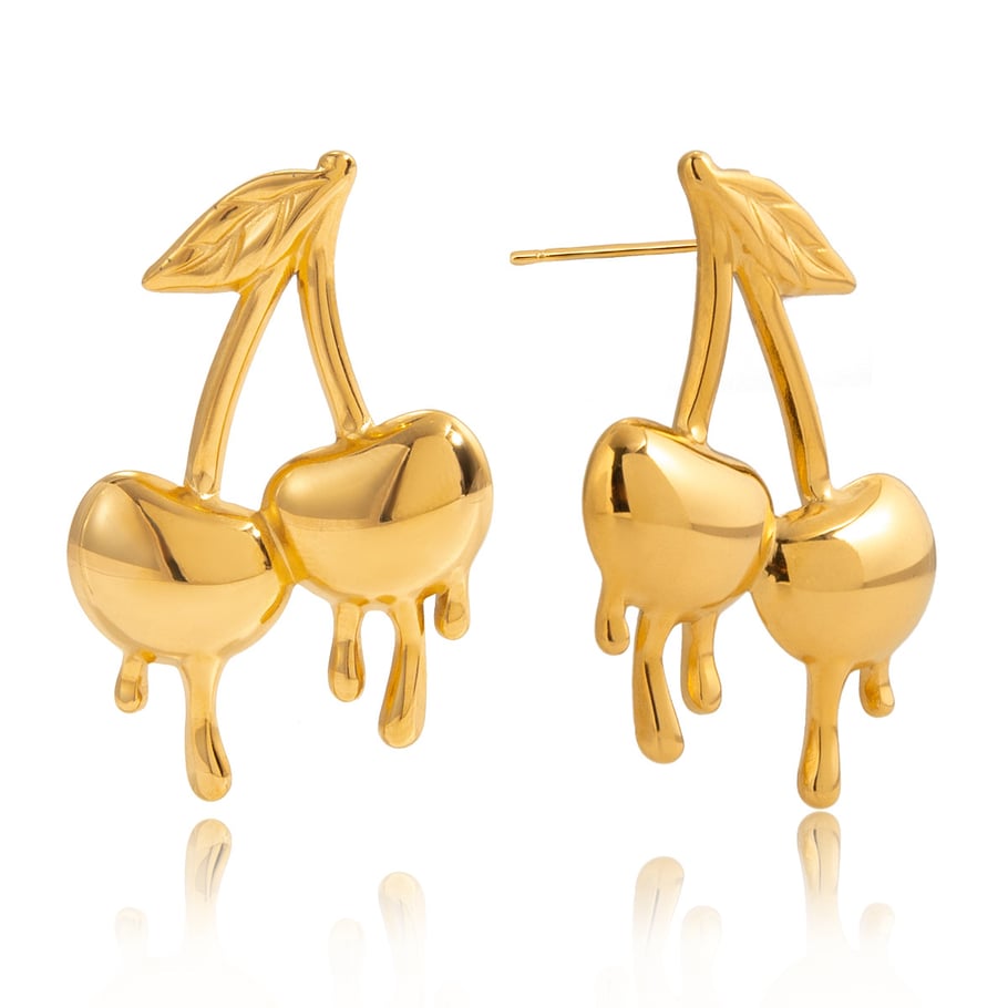 1 par de pendientes románticos de cereza de acero inoxidable color dorado para mujer Imagen6