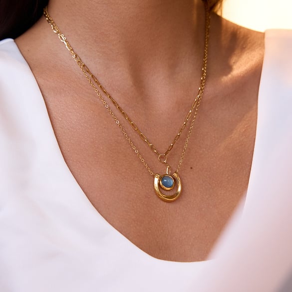 1 Piece Classic Blue Resin Circle Stainless Steel Gold Color Women's Pendant Necklaces