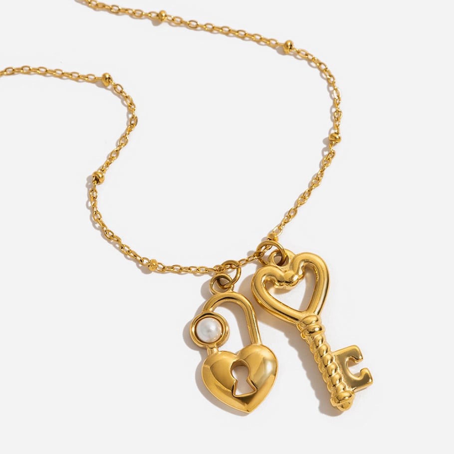 1 Piece Sweet Heart Key&Lock Stainless Steel Gold Color Women's Pendant Necklaces