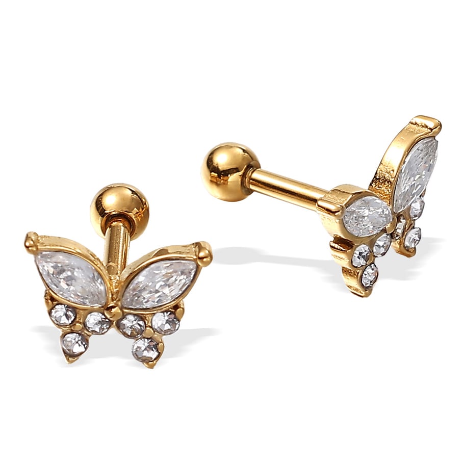 1 Çift Kelebek Paslanmaz Çelik Altın Renkli Kristal Piercing Küpe Resim5