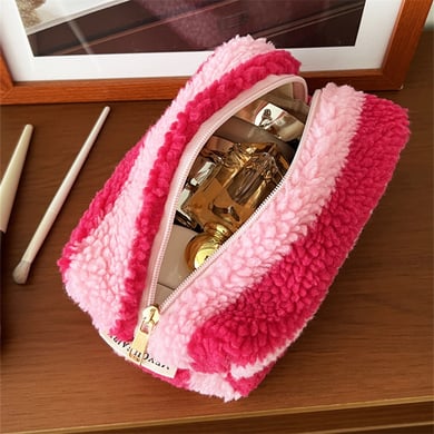 1 pezzo semplice classico rosso a righe peluche borse per il trucco da donna h5 Immagine5