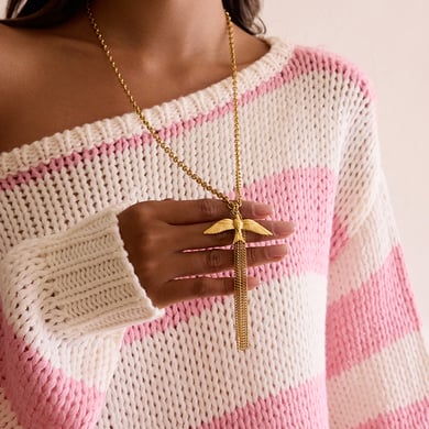 Collana lunga da donna in acciaio inossidabile color oro con nappa floreale della serie romantica da 1 pezzo h5 Immagine5