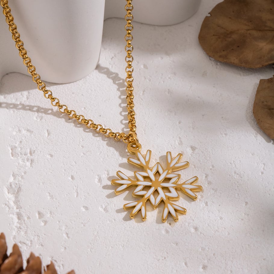 Collana con ciondolo color oro a forma di fiocco di neve in acciaio inossidabile da 1 pezzo Immagine2