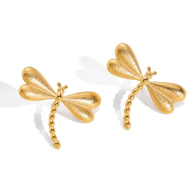 1 par de hermosos pendientes de botón de libélula de acero inoxidable color dorado para mujer h5 