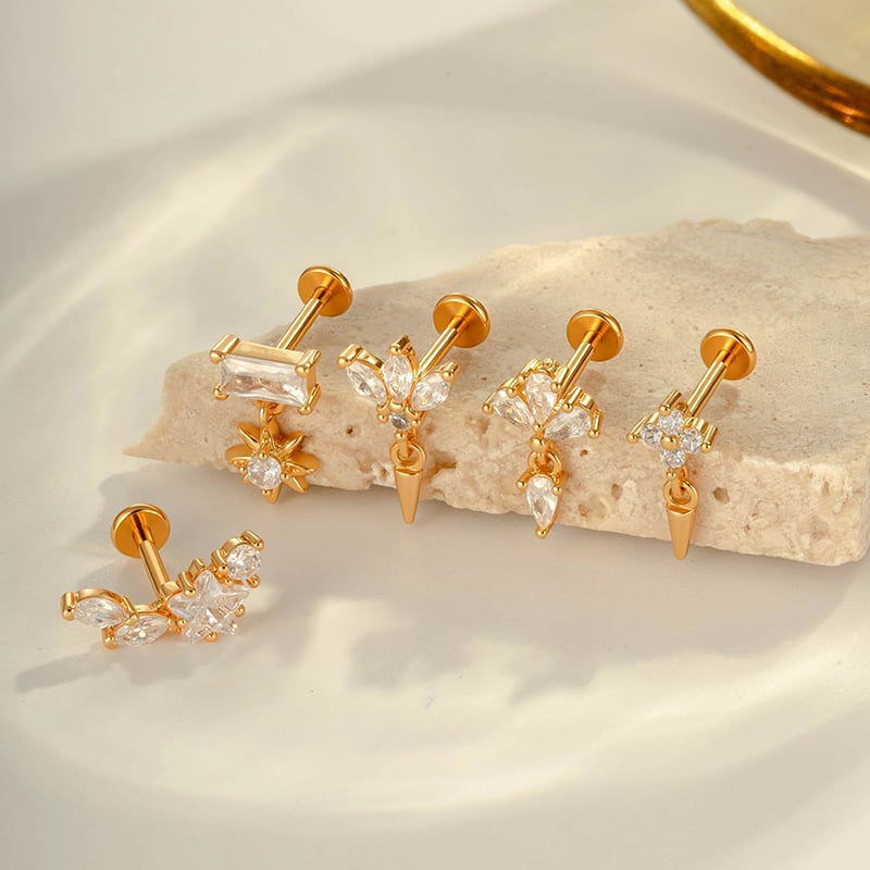 Orecchini da piercing da donna in lega di titanio e rame con figura geometrica, color oro e zirconi Immagine4