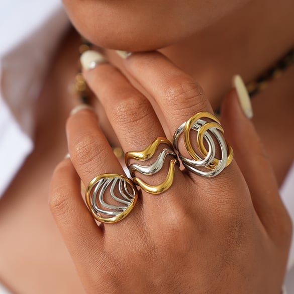 1 Stück gewebte Statement-Ringe aus Edelstahl in gemischten Gold- und Silberfarben für Damen 2
