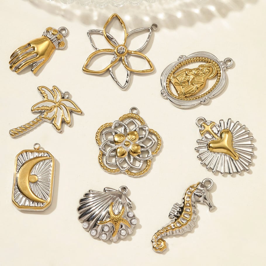 Pendentif en acier inoxydable pour femme, 1 pièce, motif fleur, couleurs or et argent mélangées Image4