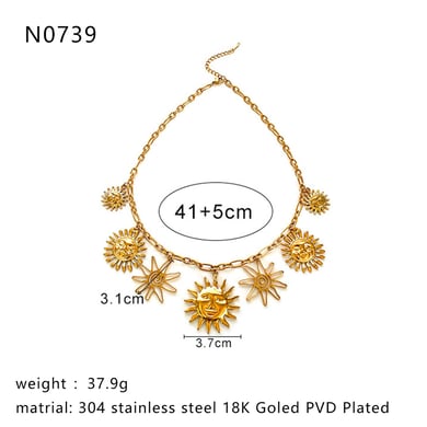 Collier avec pendentif soleil en acier inoxydable couleur or, 1 pièce h5 Image2