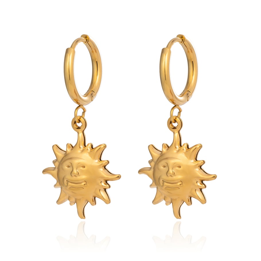 1 paio di orecchini pendenti in acciaio inossidabile color oro con sole sorridente Immagine6