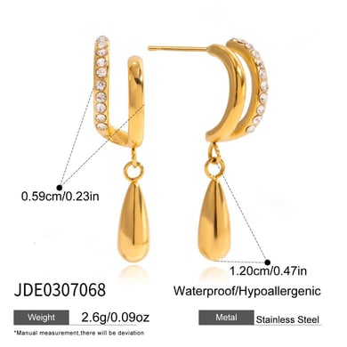 1 Pair Gorgeous Droplet Stainless Steel Gold Color Zircon Women's Drop Earrings h5 Picture2