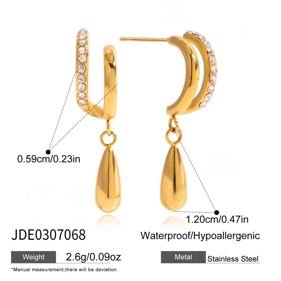 1 Pair Gorgeous Droplet Stainless Steel Gold Color Zircon Women's Drop Earrings Picture2