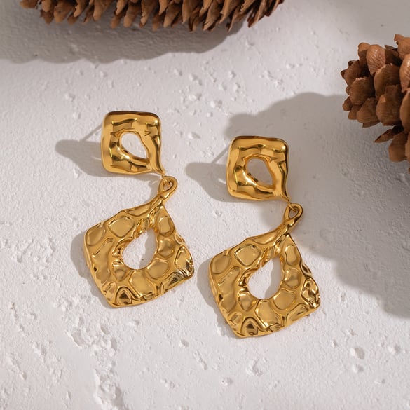 1 Pair Irregular Shape Hammer Pattern Stainless Steel Gold Color Drop Earrings