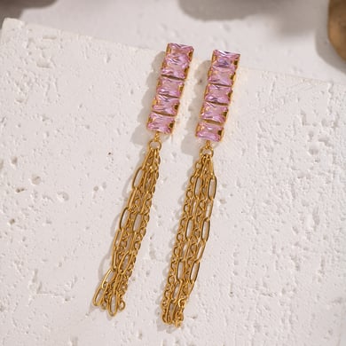 1 Pair Luxurious Tassel Stainless Steel Gold Color Zircon Dangle Earrings h5 Picture3