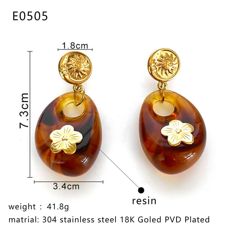 1 Pair Droplet Resin Flower Gold Color Dangle Earrings h5Picture2
