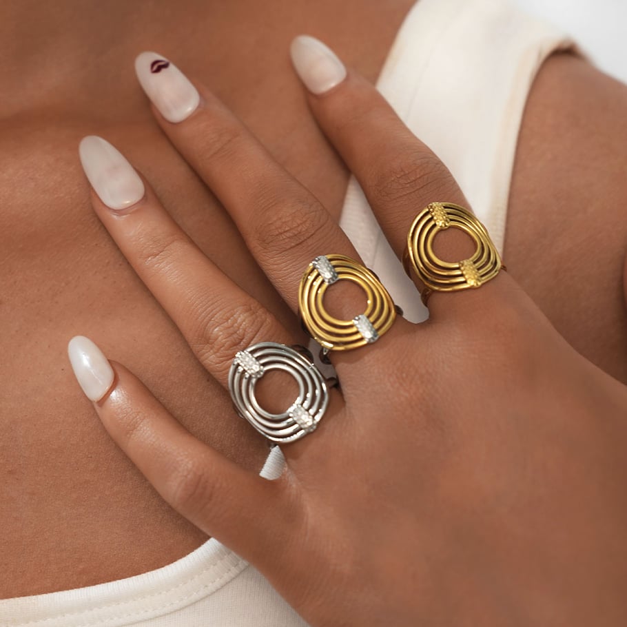 1 Stück Casual Circle Edelstahl Goldfarbene Statement-Ringe für Damen Bild5