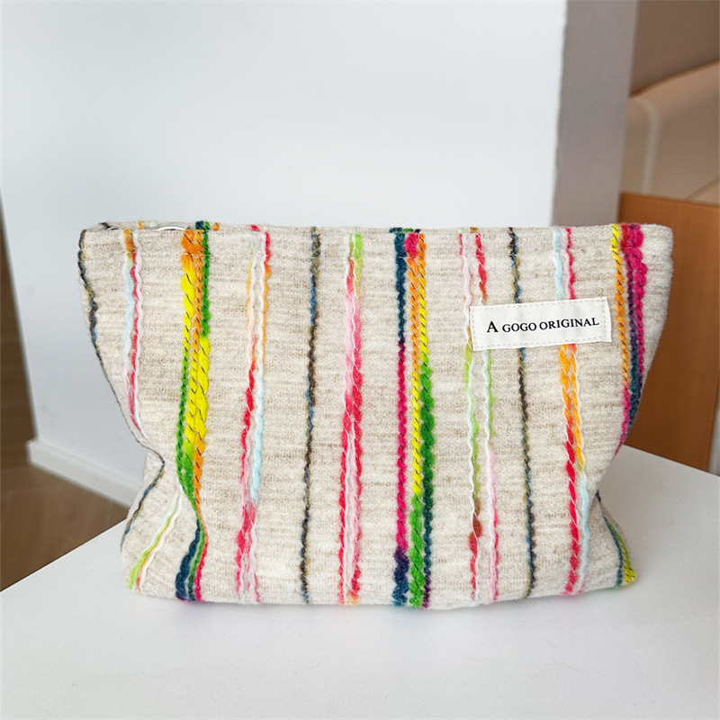 1 bolsa de maquillaje para mujer con diseño de rayas de arcoíris y bloques de color 