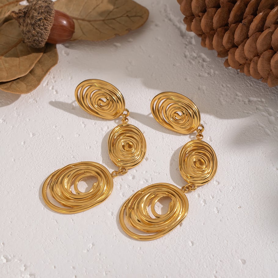 1 par de pendientes colgantes circulares de acero inoxidable color dorado Imagen3