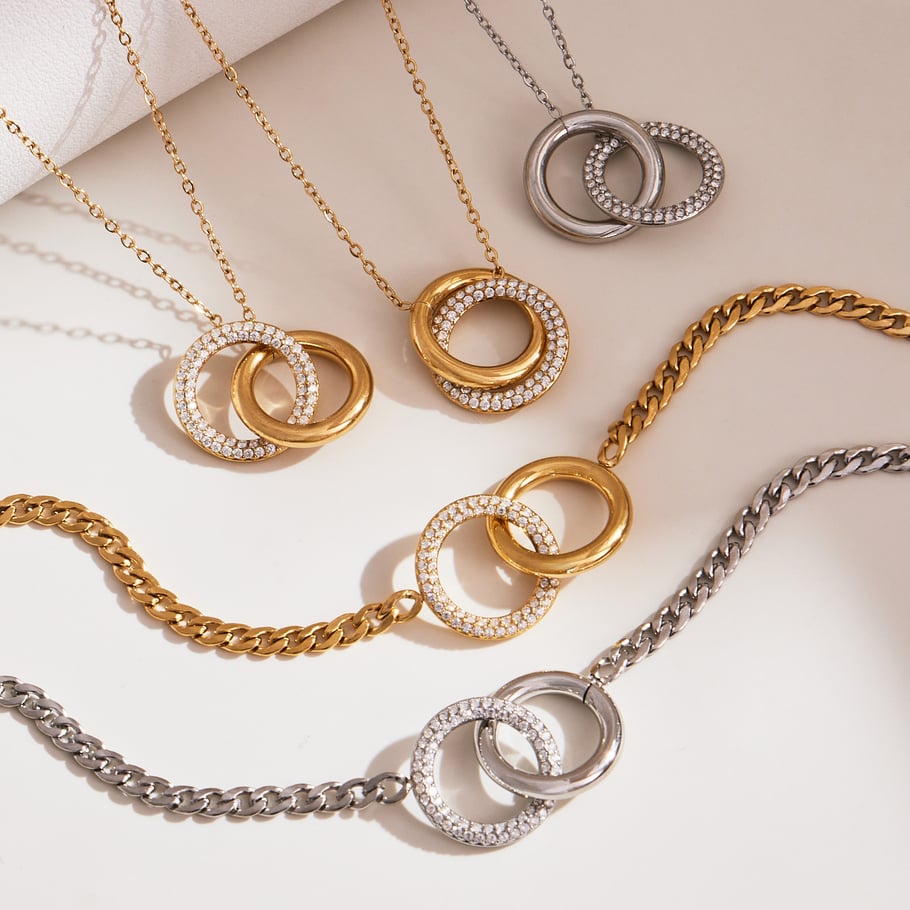 Simple Double Circle Stainless Steel Gold Color Zircon Women's Jewelry Sets Picture3