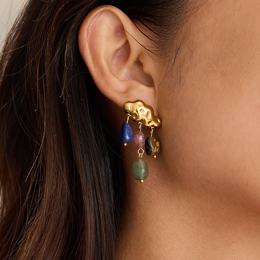 1 paio di orecchini pendenti da donna in acciaio inossidabile color oro con goccia di nuvola in pietra naturale classica Immagine3
