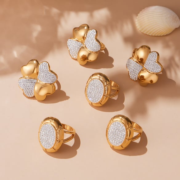 1 Piece Lustrous Clover Stainless Steel Gold Color Statement Rings