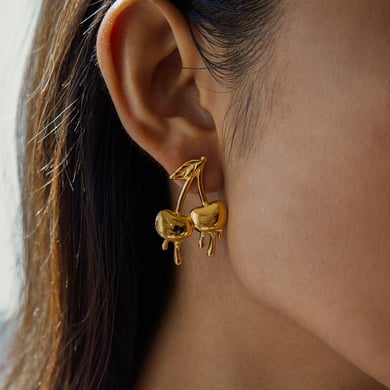 1 par de pendientes románticos de cereza de acero inoxidable color dorado para mujer h5 Imagen4