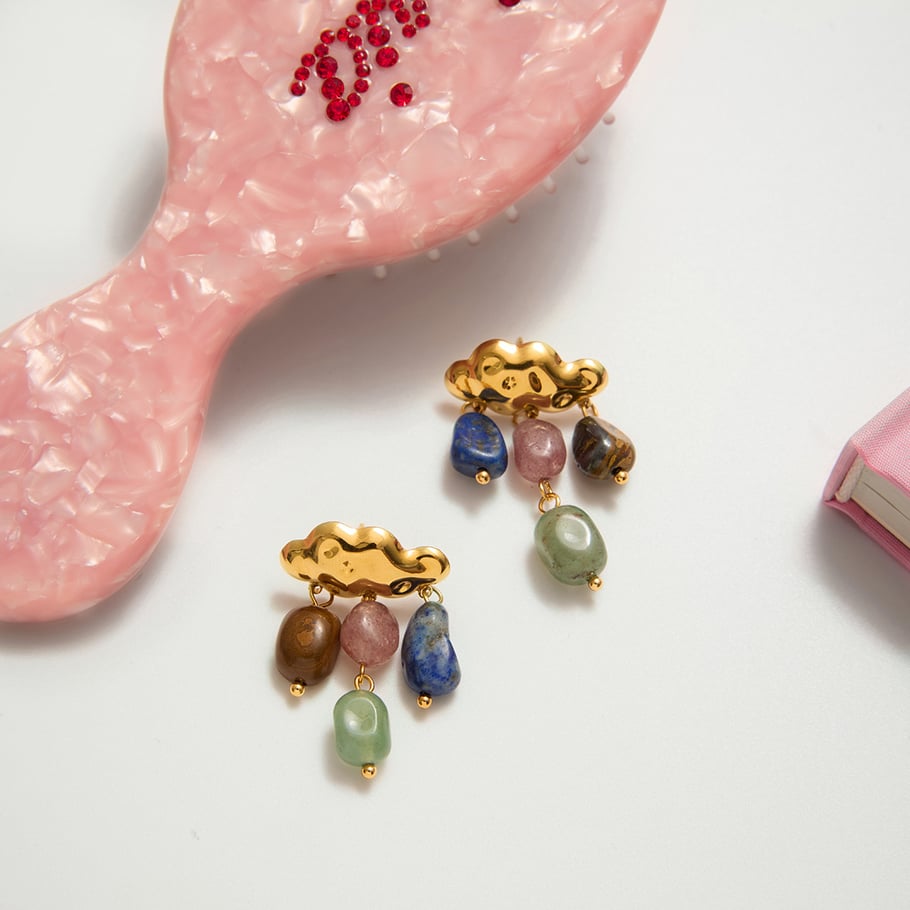 1 paio di orecchini pendenti da donna in acciaio inossidabile color oro con goccia di nuvola in pietra naturale classica Immagine5
