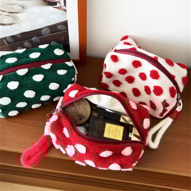 1 pezzo di borsa per il trucco da donna in peluche con graziosi pois della serie romantica h5 Immagine4