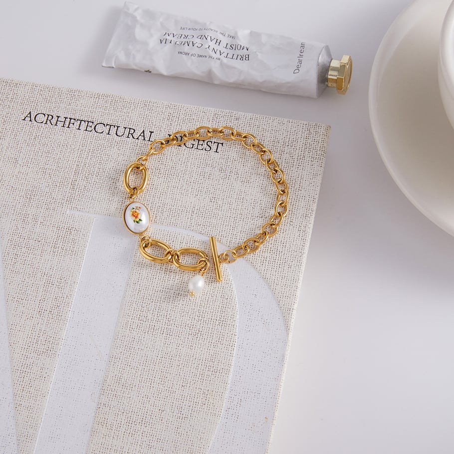 1 Stück Retro-Blumen-Edelstahl-Goldfarben-Damen-Kettenarmbänder Bild5