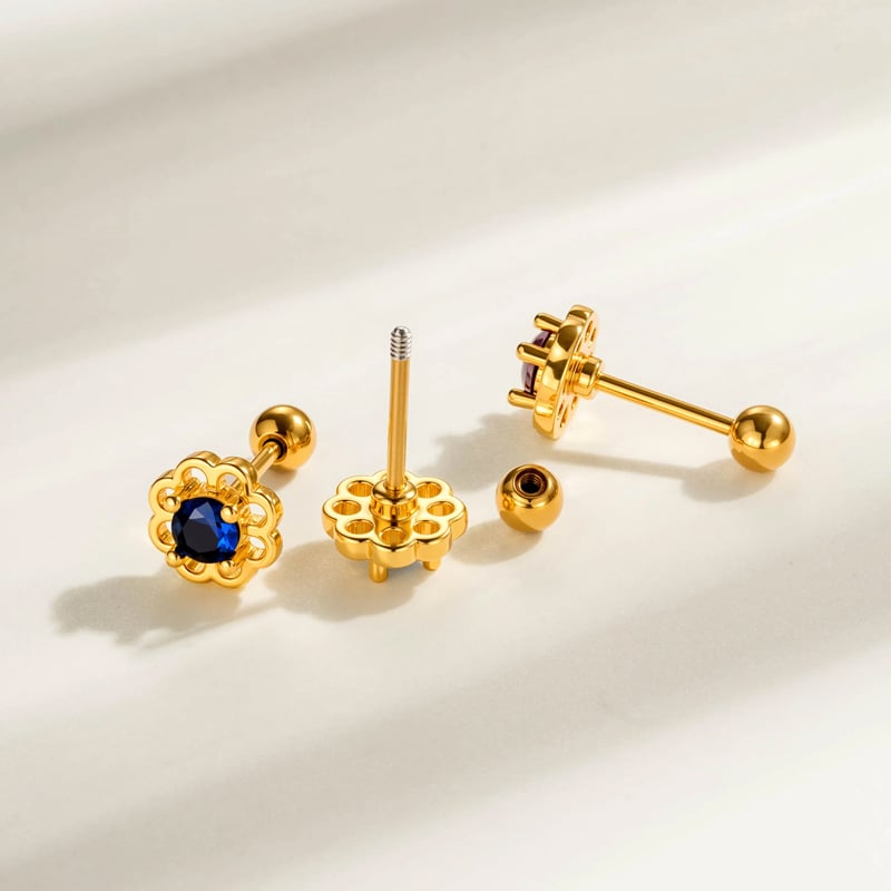 1 stuk bloem koper goud kleur zirkoon piercing oorbel Afbeelding3