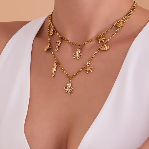 Marine Organism Series Stainless Steel Gold Color Zircon Women's Jewelry Sets