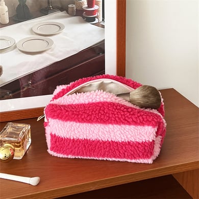 1 pezzo semplice classico rosso a righe peluche borse per il trucco da donna h5 Immagine4