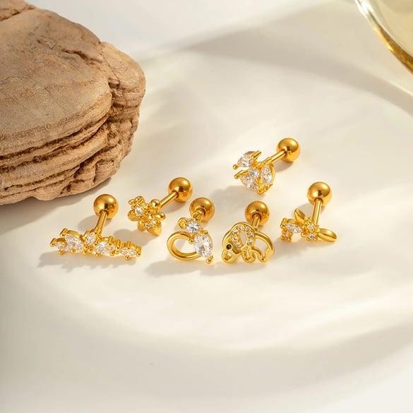 1 Adet Çiçek Bakır Altın Rengi Zirkonyum Piercing Küpe 2