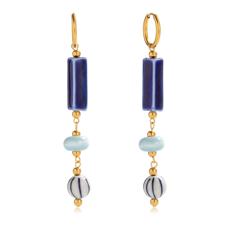 1 par de pendientes colgantes de acero inoxidable dorados y cerámica azul hechos a mano para mujer