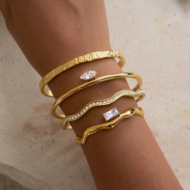 Pulsera de acero inoxidable con circonitas doradas y curvas brillantes para mujer, 1 pieza h5 Imagen5