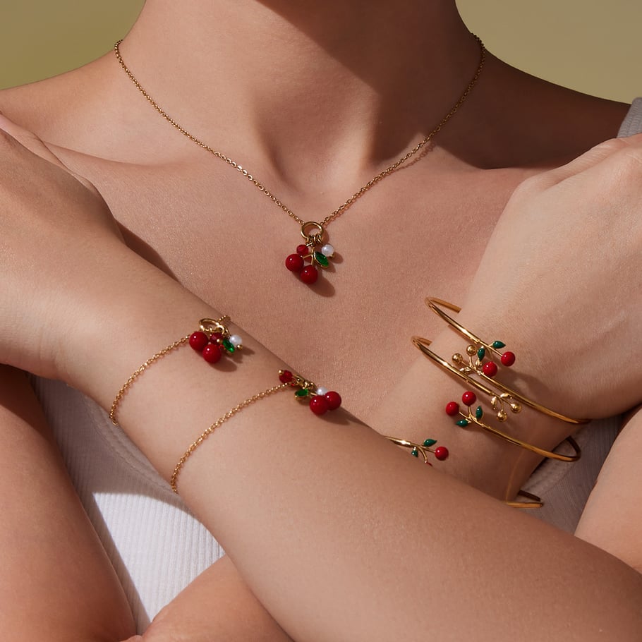 Whimsical Cherry Stainless Steel Gold Color Zircon Women's Jewelry Sets Picture5