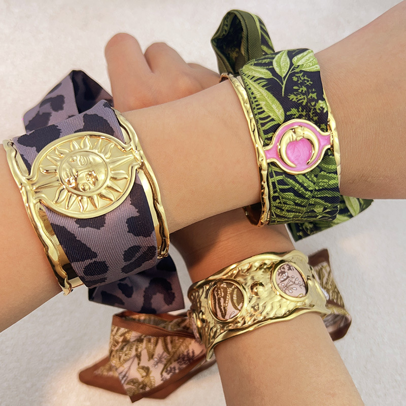 1 Piece Classic Sun Stainless Steel Silk Scarf Cuff Bracelet h5Picture3