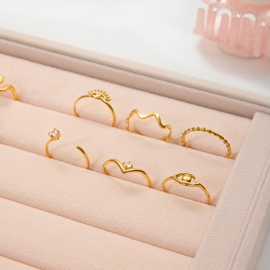 Juego de 1 anillo de circonita de color dorado de acero inoxidable con curva delicada h5Imagen6