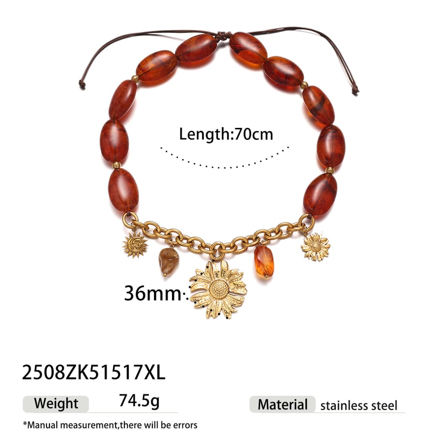 Collier de perles en acrylique couleur or en acier inoxydable avec fleur, 1 pièce 