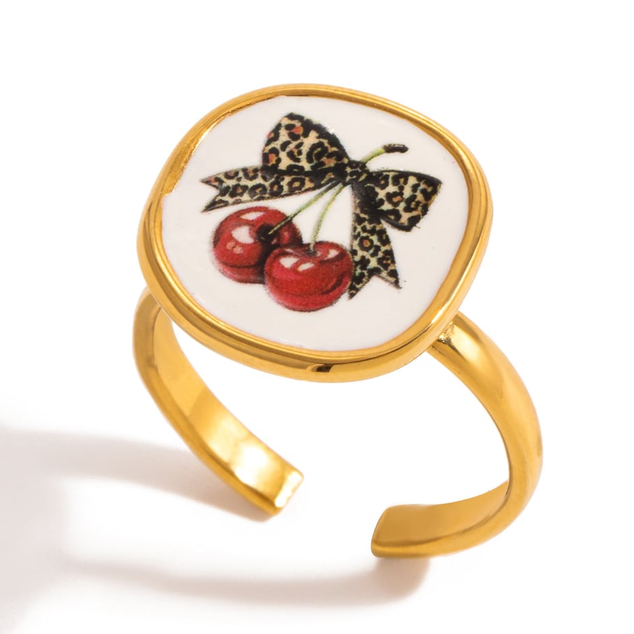 1 Piece Sweet Cherry Leopard Print Stainless Steel Gold Color Statement Rings 