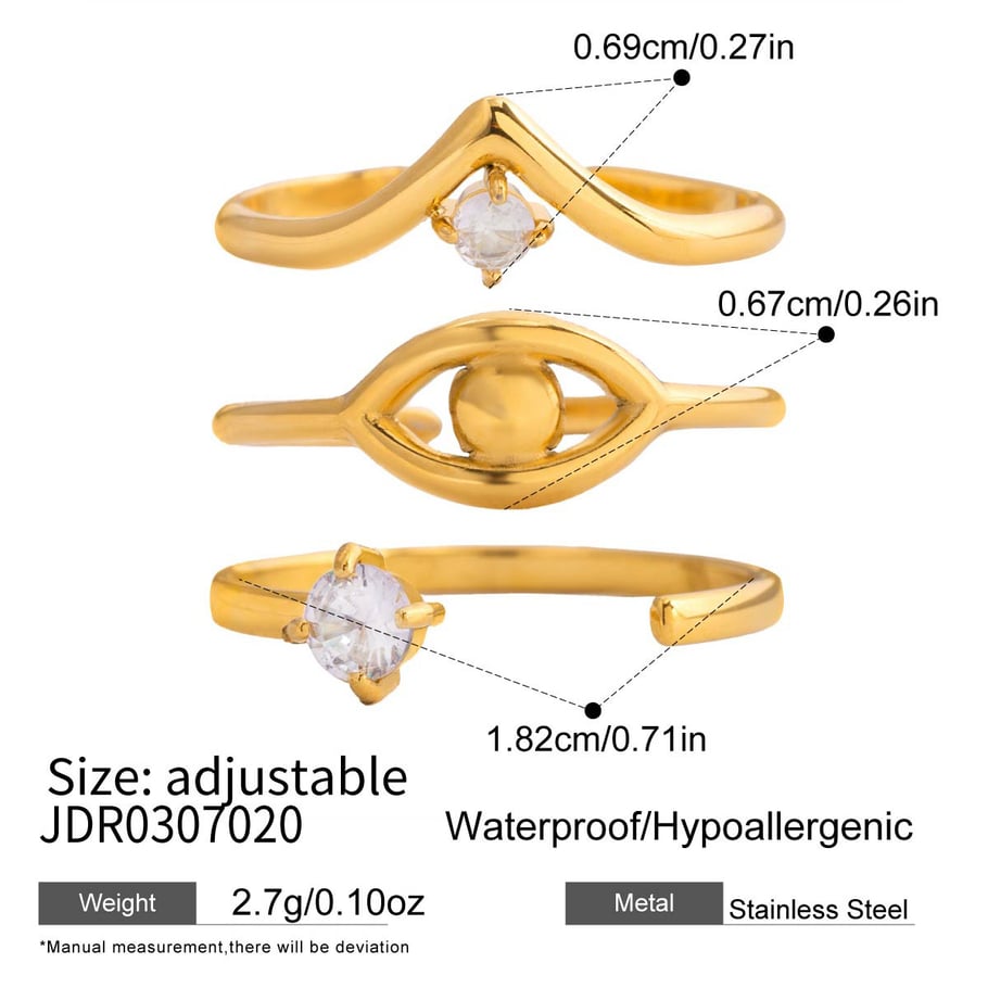 Juego de 1 anillo de circonita de color dorado de acero inoxidable con curva delicada h5Imagen2