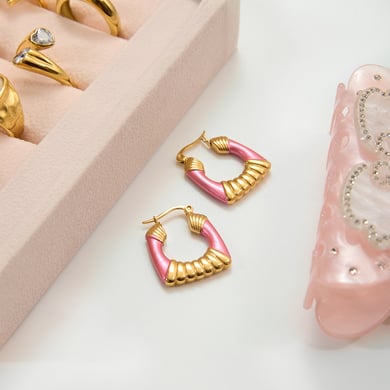 1 Pair Radiant Pink Rectangle Stainless Steel Gold Color Women's Hoop Earrings h5 Picture6