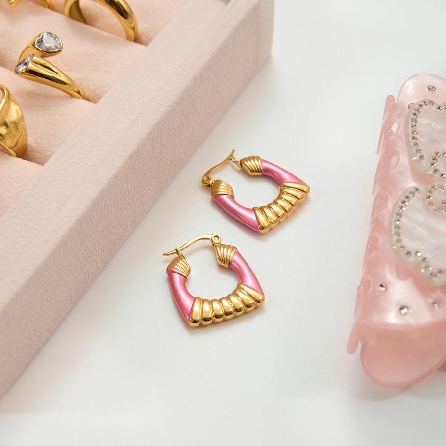 1 Pair Radiant Pink Rectangle Stainless Steel Gold Color Women's Hoop Earrings Picture6