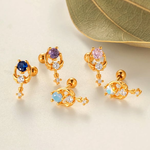 1 Stück Flügelform Kupfer Gold Farbe Zirkon Piercing Ohrring 2