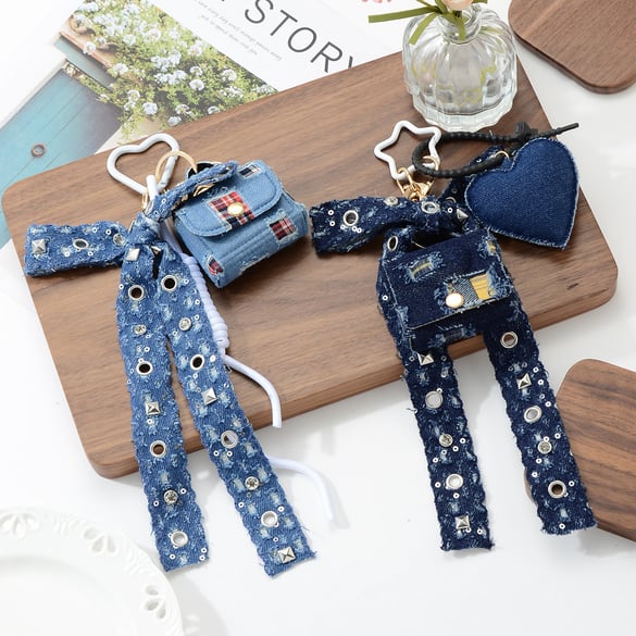 1 Piece Denim Heart Bow Knot Bag Charm 2
