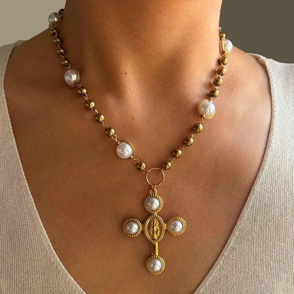 Collana di perline color oro con perle artificiali a croce da 1 pezzo 2