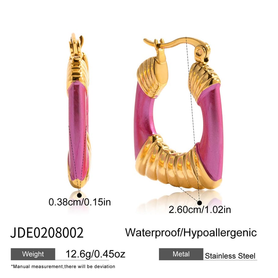 1 Pair Radiant Pink Rectangle Stainless Steel Gold Color Women's Hoop Earrings Picture2