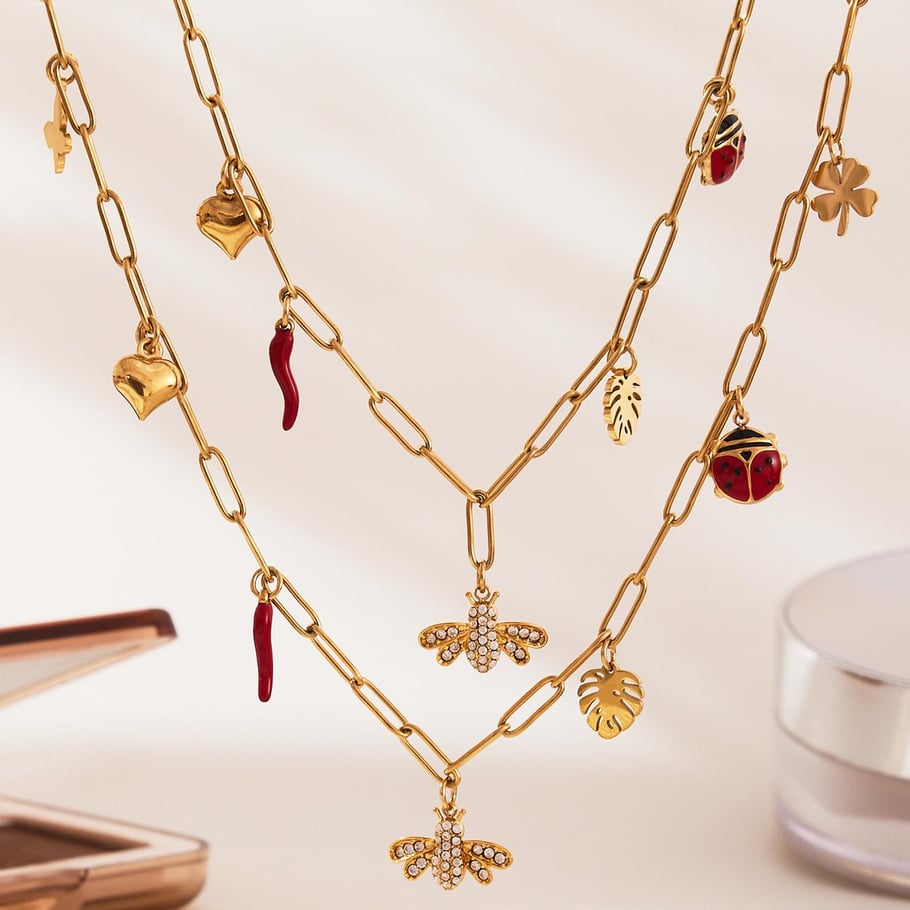 Conjuntos de joyas para mujer con diseño de flores y abejas en acero inoxidable, color dorado y circonitas h5Imagen6