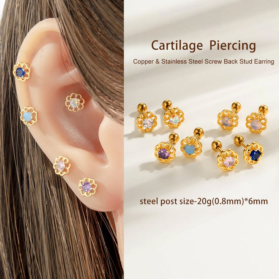 1 stuk bloem koper goud kleur zirkoon piercing oorbel Afbeelding4
