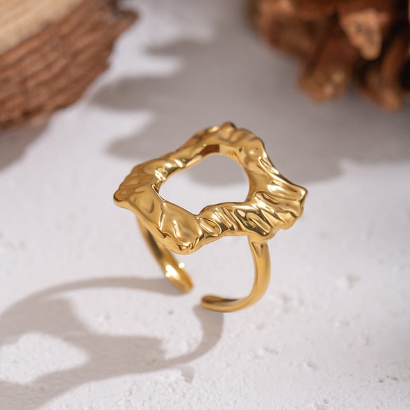 Bague de déclaration creuse en acier inoxydable de forme irrégulière, couleur or, 1 pièce 2